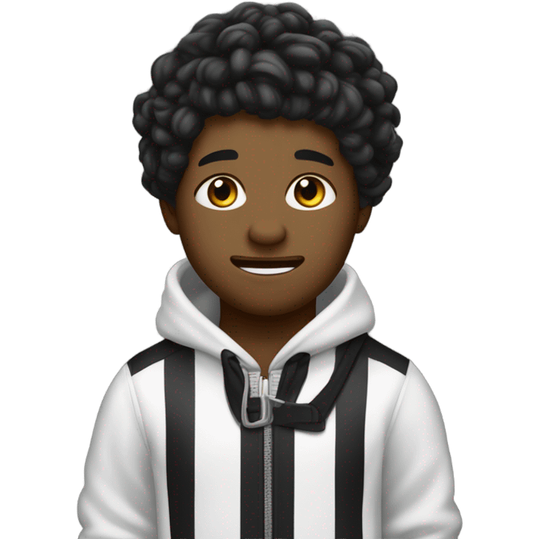 hazme un mascot emote para mi canal de twitch de un chico con pelo negro con jopo al costado de piel trigeña sin barba guiñando el ojo y sacando la lengua con una sudadera negra y con fondo blanco  emoji