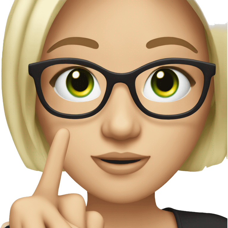 A white women with glasses, and green eyes and doing the peace sign with bracelets around her wrists and fake lashes emoji