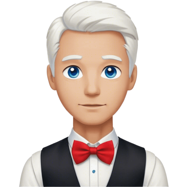 Handsome bartender with white hair and blue eyes. White shirt with black vest and a red bowtie emoji