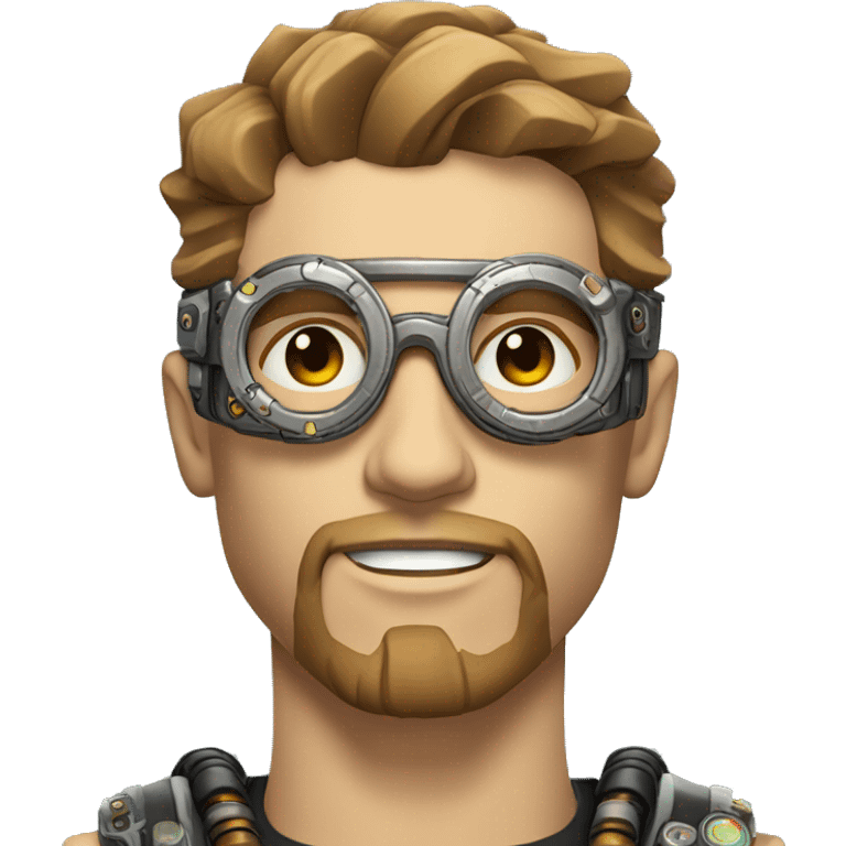 Male cyborg head with light brown hair, light brown beard, steampunk glasses, circuits, wires  emoji