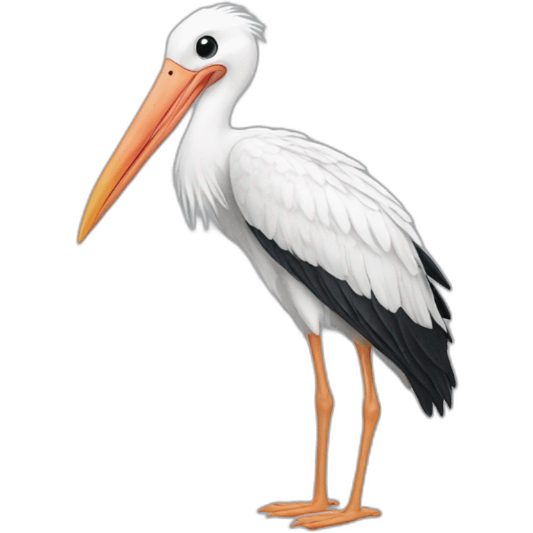  white stork. The stork is carrying a blue bundle of cloth in its beak that has a cute white baby face peeking out from it with black head emoji