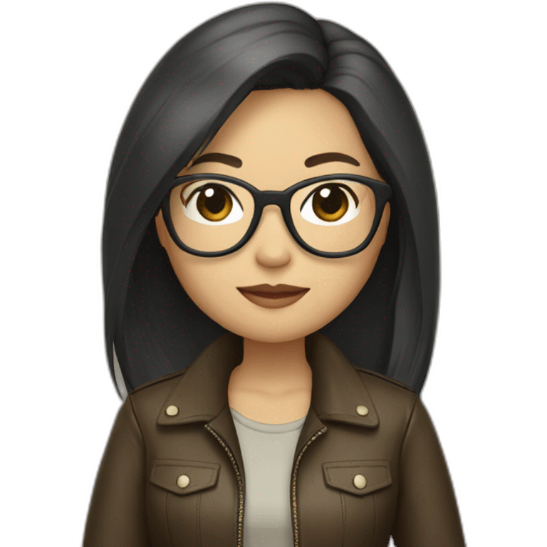 asian girl with glasses and a leather jacket with a  khaki shirt and long dark hair emoji