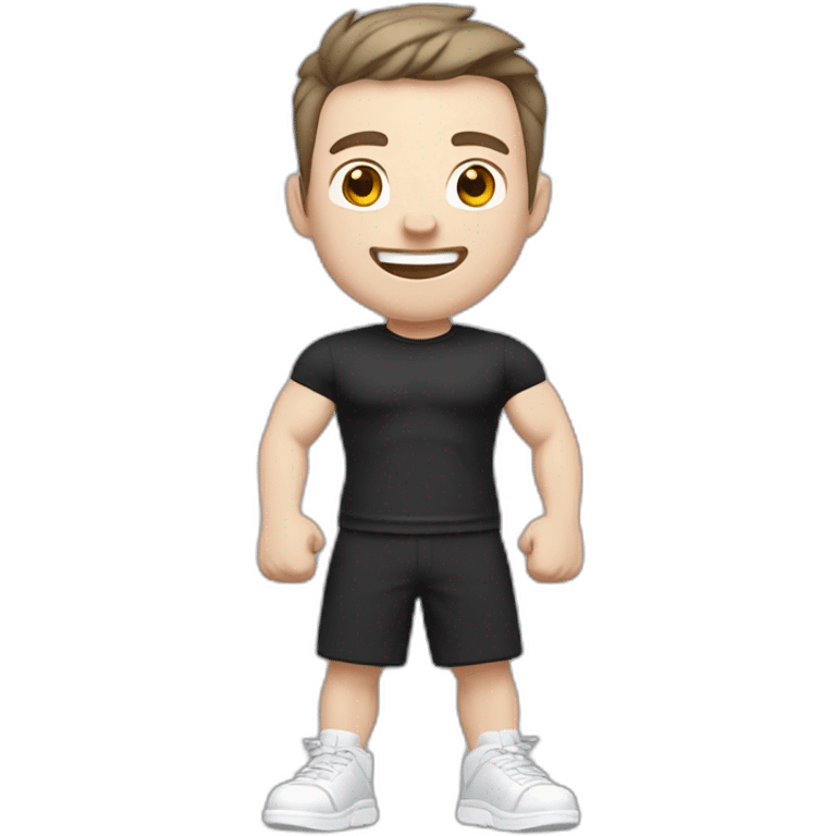 Joyful Celebrating victory Pale skinned Fit Man With the biceps and dark brown hair in black shirt, gray sports shorts and white Sneakers emoji