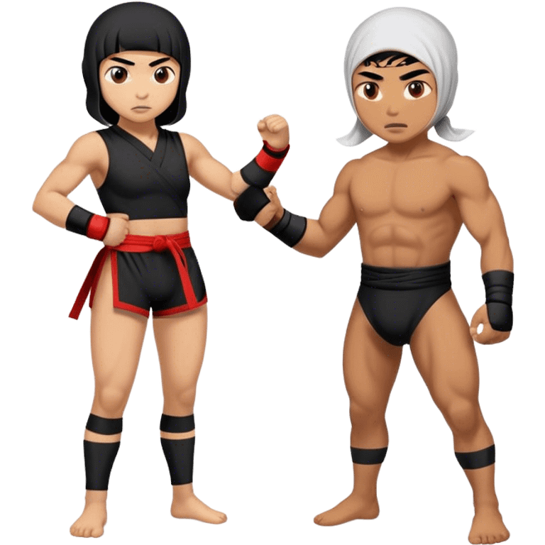 An asian ninja girl vs middle-east wrestling male fighter emoji