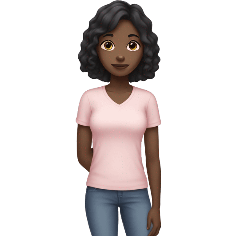 Black girl with black hair wearing a pale pink shirt holding a white cat emoji