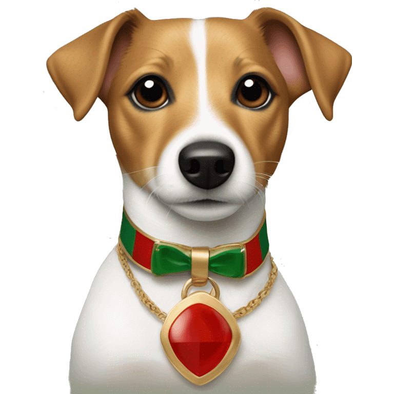 one year old jack russell terrier light brown wearing gucci gold green and red emoji