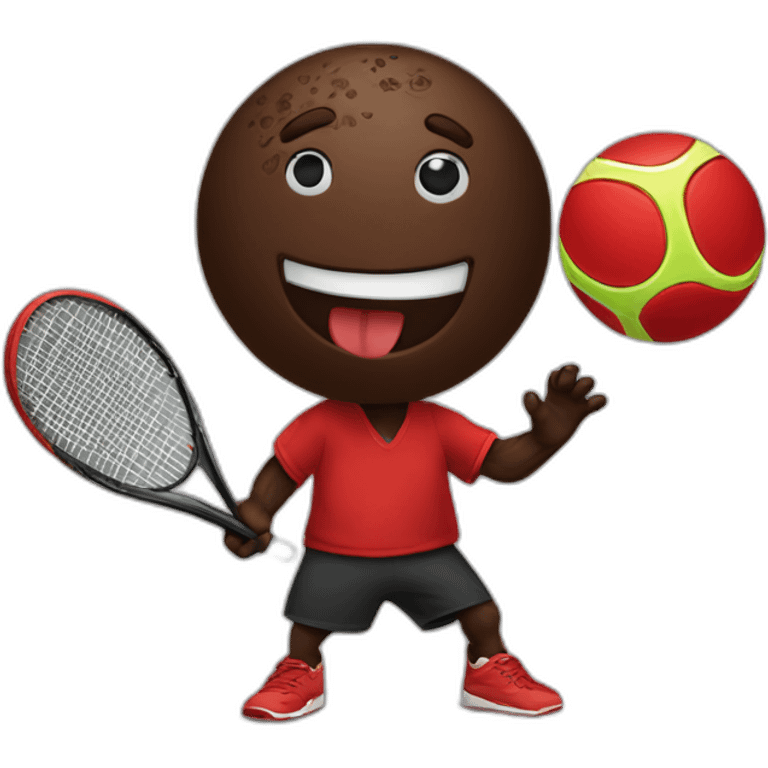 A chocolate colored doodle wearing a red and black handkerchief juggling three tennis balls emoji