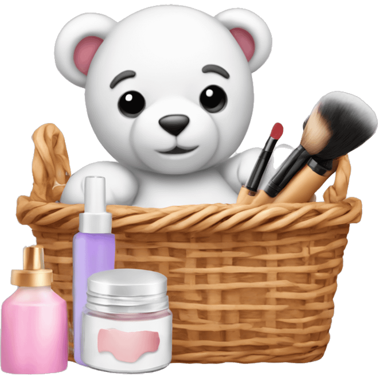 basket whit makeup, skincare, a teddy bear and a candle emoji