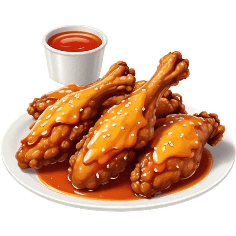 Cinematic crispy chicken wings, golden-brown and glazed with spicy sauce, crunchy coating, juicy inside, piled high with dipping sauce on the side, ultra-realistic and mouthwatering, inviting and bold. emoji