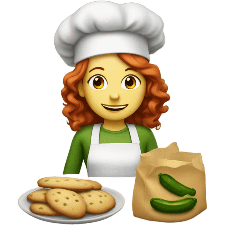 A redheaded girl dressed as a pickle baking cookies emoji