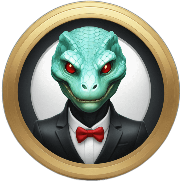 Aquamarine reptilian in classic black suite with red laser eyes on the middle of platinum coin emoji