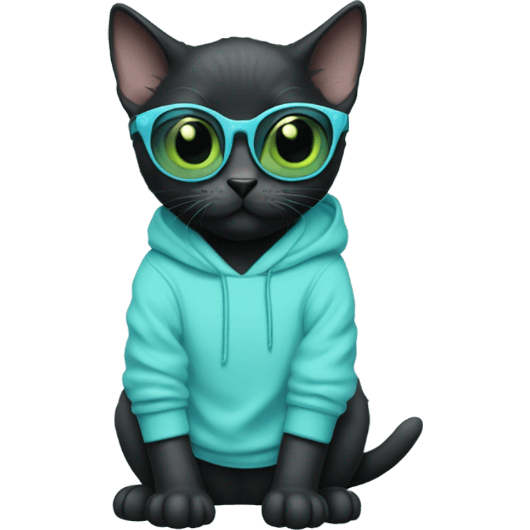 Black Bombay kitten with green-blue eyes wearing a pastel blue hoodie with pastel blue sunglasses emoji