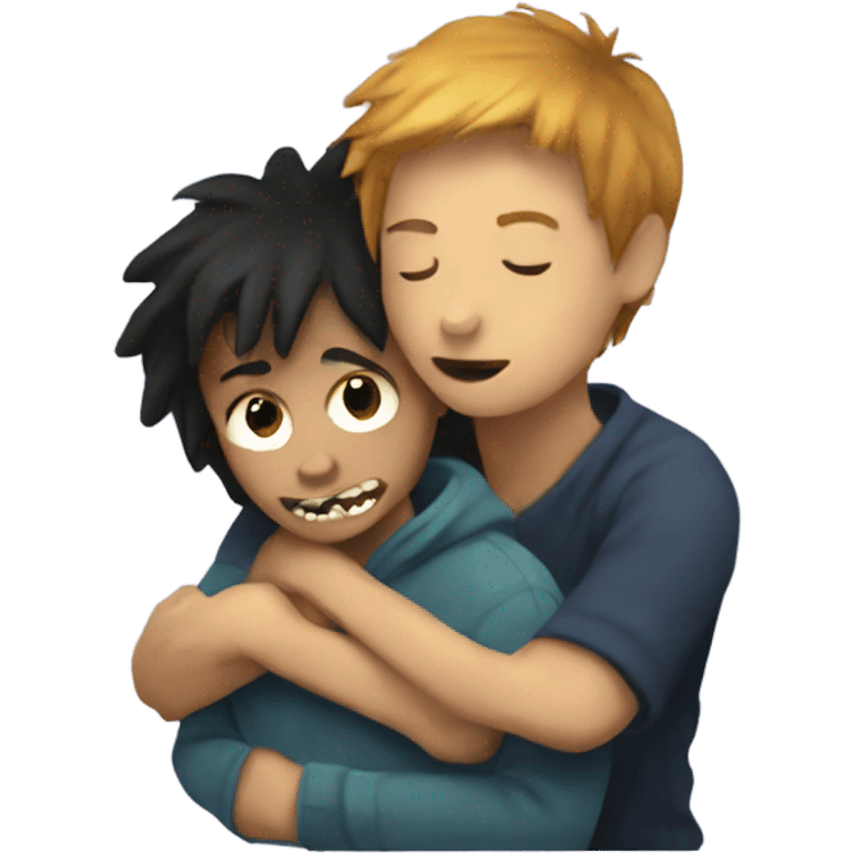 Female monster hugging human boy emoji