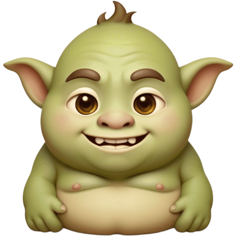 Cinematic Cute Ogre Portrait Emoji, with a surprisingly endearing, plump and huggable figure in soft earthy greens and browns, featuring big, kind eyes and a bashful smile, simplified yet irresistibly adorable, highly detailed with a soft glowing outline that captures the charm of a friendly giant who seems ready for a warm hug! emoji