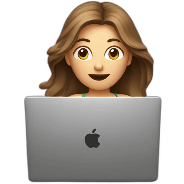 women in front of a laptop with a surprised face, brown light long hair, she is looking the laptop, hair in the air, caucasian emoji