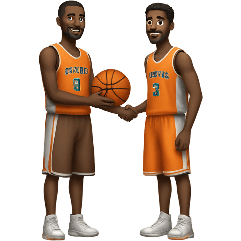 Two guys shaking hands with basketball clothes both with brown hai emoji