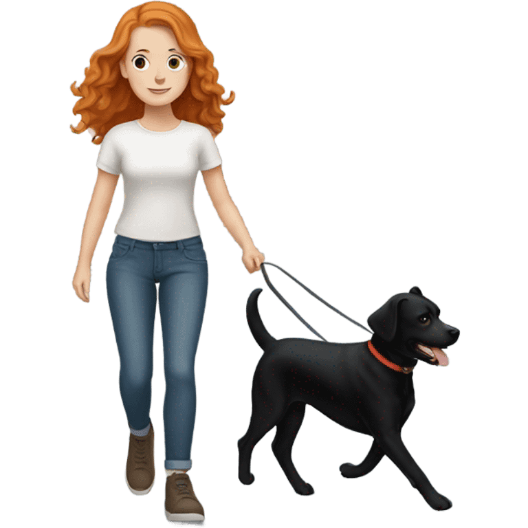 White girl with ginger hair walking black dog  emoji