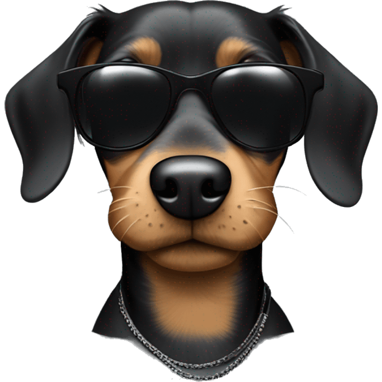 A rapper dog with all black and cool sunglasses. The dog is a miniature wired haired dachshund emoji