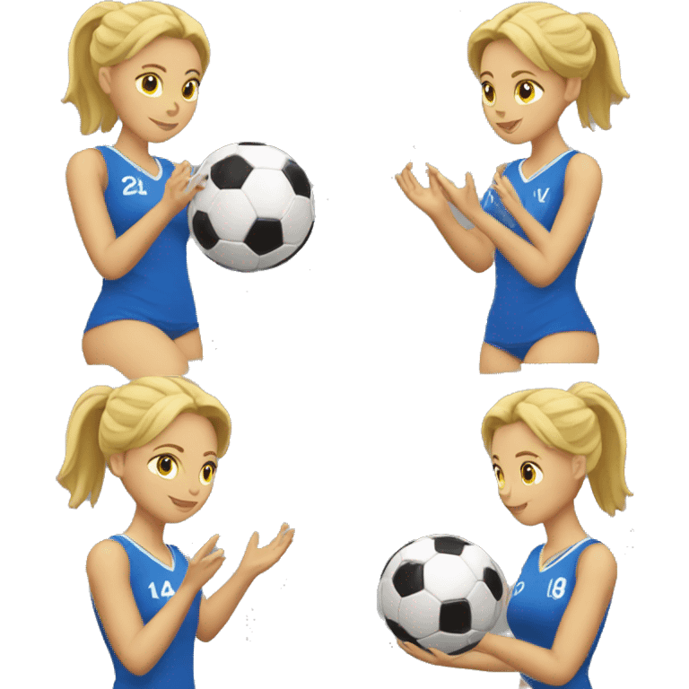 blonde woman spinning a soccer ball on her hands emoji