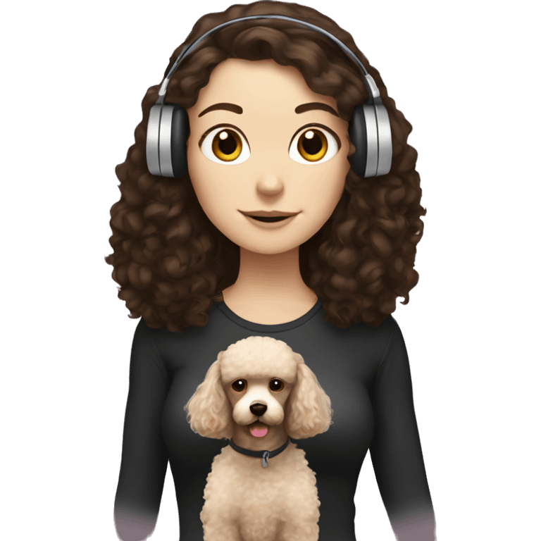 White girl, dark long hair in headphones with brown poodle emoji