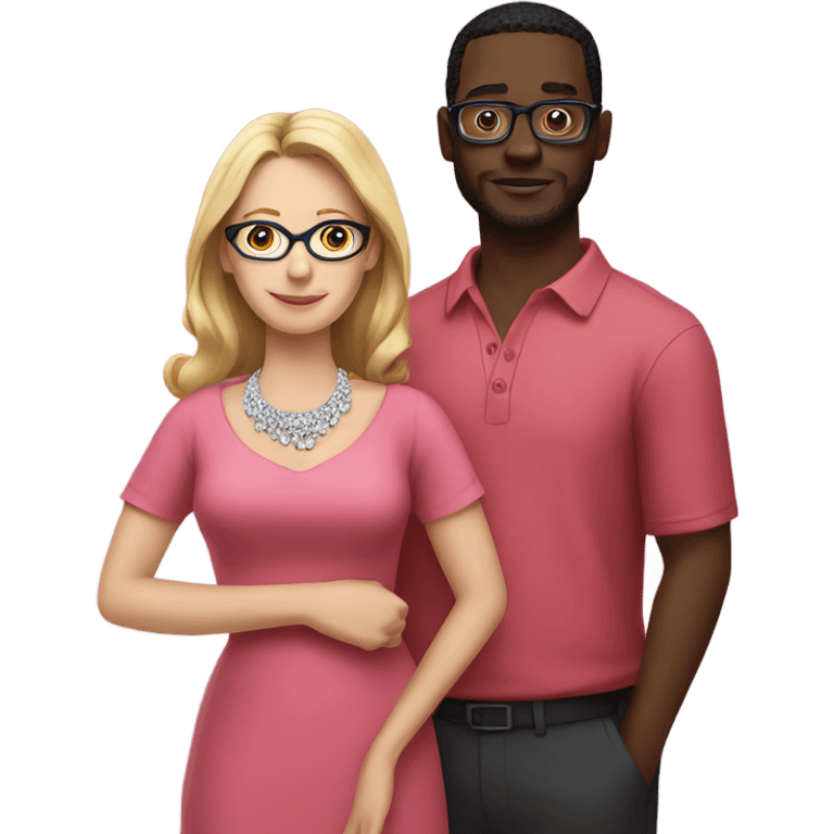 white woman wearing a pink dress and diamond necklace standing with a black guy with glasses wearing a red shirt emoji