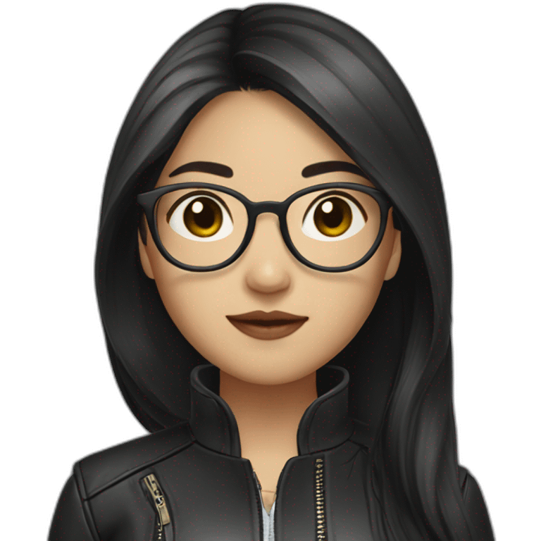 Asian girl in glasses and leather jacket whith dark long hair emoji