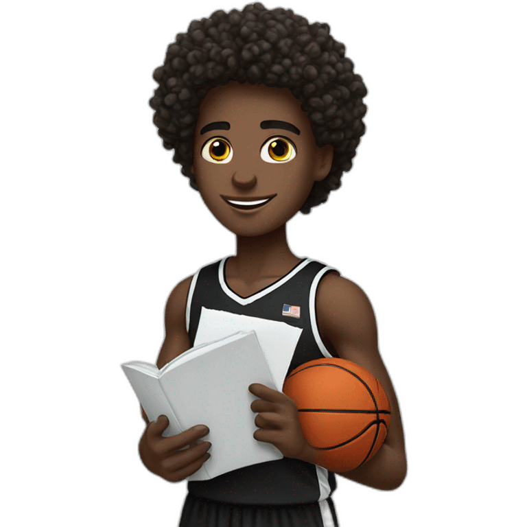 black basketball player holding the notebook wearing black and white jersey curly hair and handband emoji