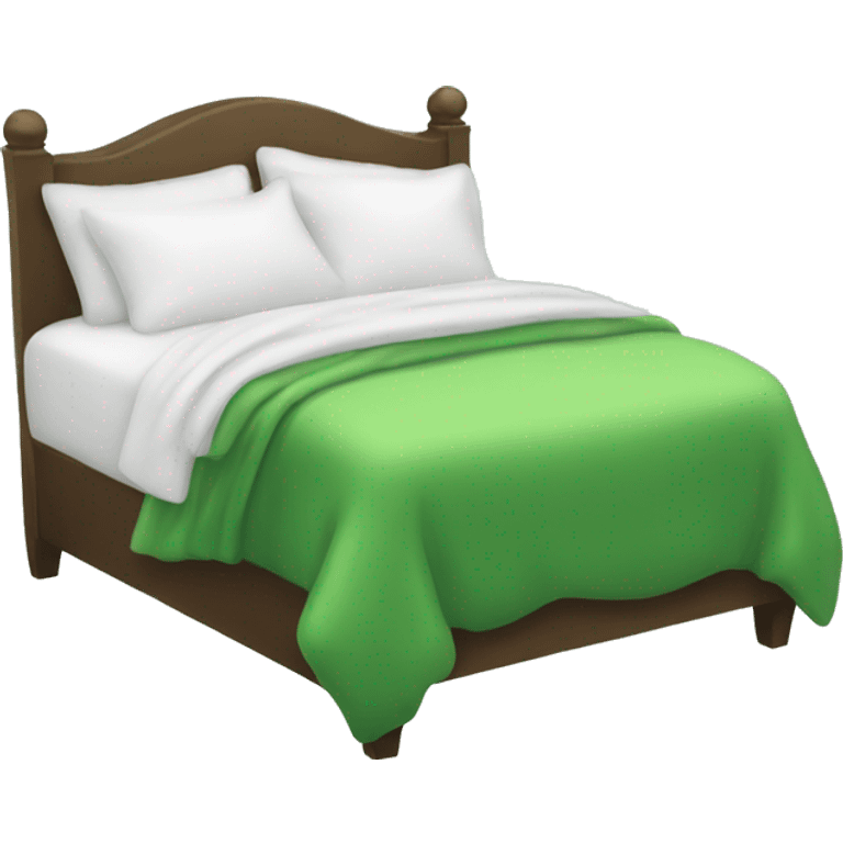 White bed with green fluffy blanket and pillows  emoji