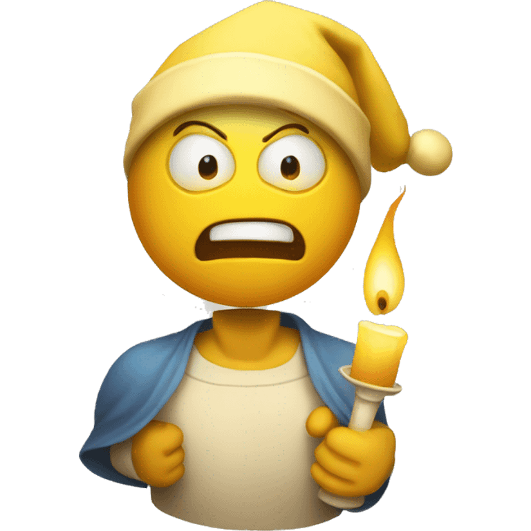 An angry yellow circle emoji wearing a nightcap and holding a candle emoji