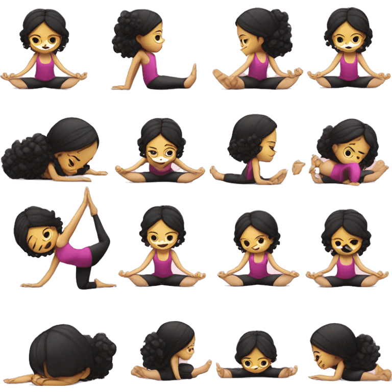 Pale girl with black curly hair doing yoga poses (bridge, split, pigeon pose, downward dog pose) emoji