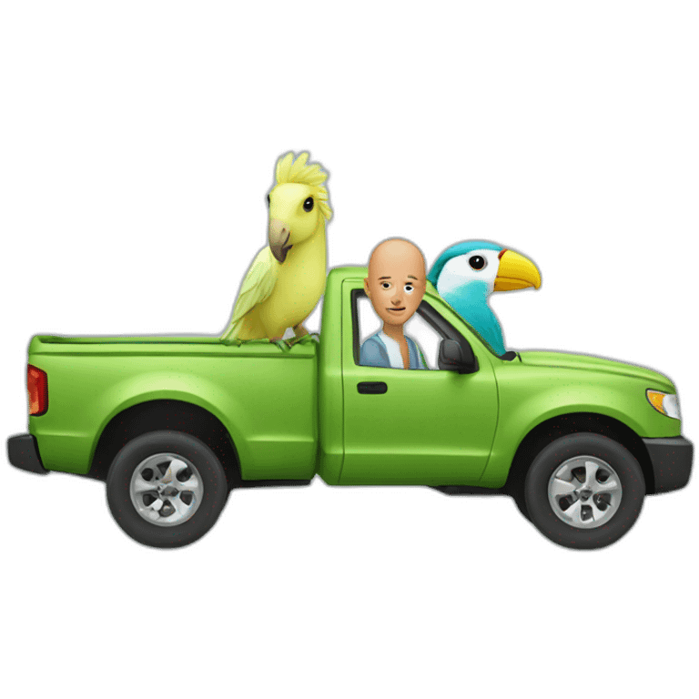 a bald man, a horse and a parakeet in a truck emoji