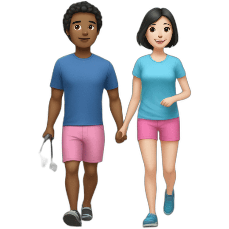 a 32-year-old man with pale skin and black hair, wearing flip-flops, pink shorts and a blue over-sidez t-shirt, going for a walk with a female 9-year-old Bichón Frisé dog. emoji