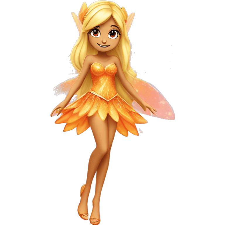 Stella adult latina fairy of nature in her enchantix fairy orange two piece clothing and fairy enchantix wings and long blonde hair from winx club. Small eyes, Lots of sparkles and fairydust. Full body and full fairy bliss emoji