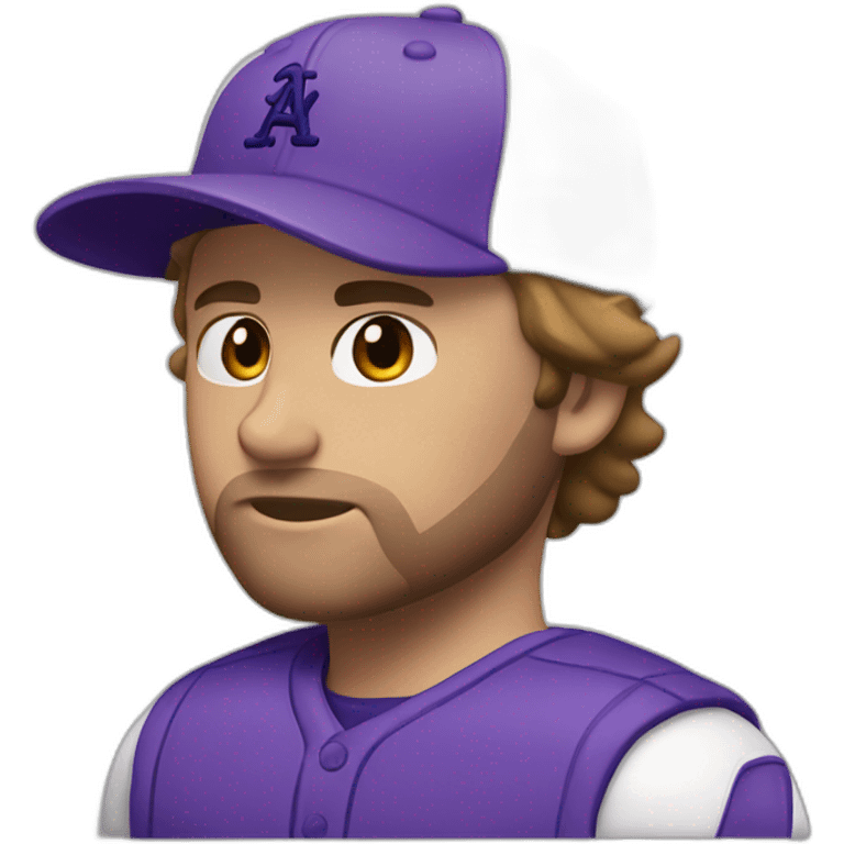 A 33 year man with light brown shot hair, black eyes and a short beard stubble, wearing a violet baseball cap emoji