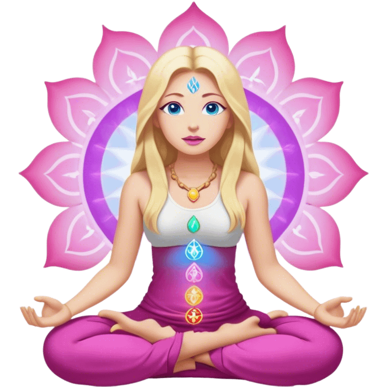 Cinematic realistic blonde with long hair, blue eyes, pink lips meditates, her chakras glow emoji