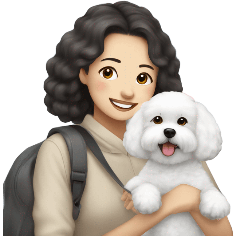 A cute and happy rounded ears bichon frise with a Asian woman at the airport  emoji