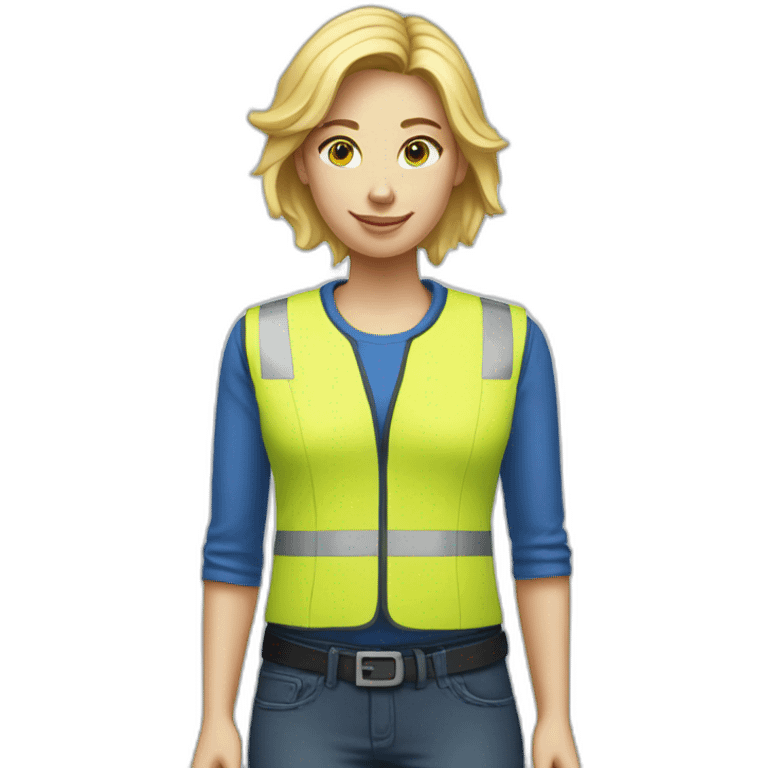 Ikea coworker blond woman blue stripes blue t-shirt and yellow security vest scanning palets emoji