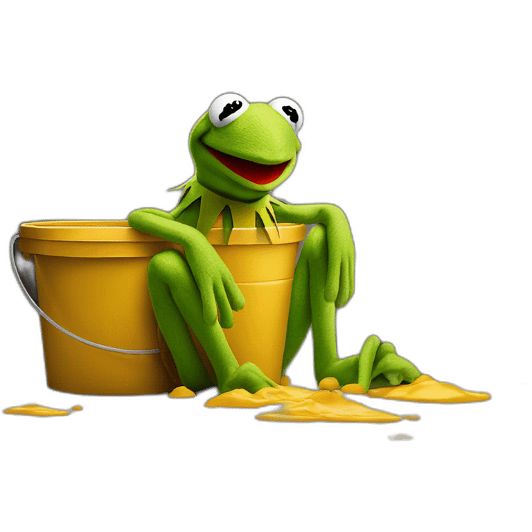 Sa kermit, sitting on the ground against a wall, holding a bucket in his hands with theses flowing into the bucket  emoji