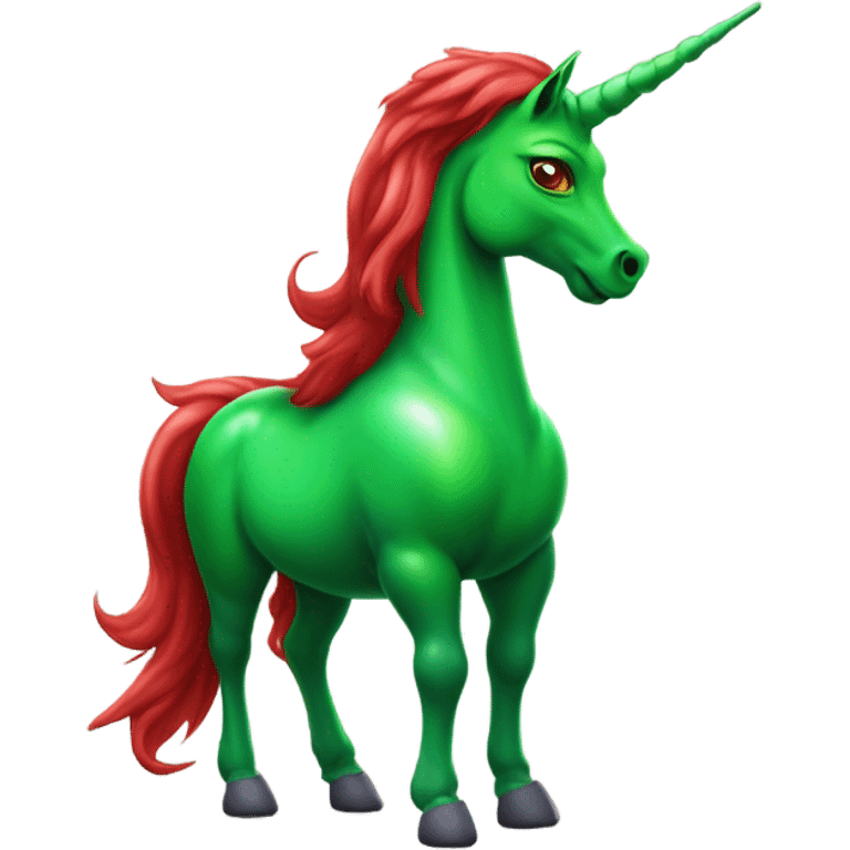 four-legged red unicorn a green amazon alien woman, on a unicorn emoji