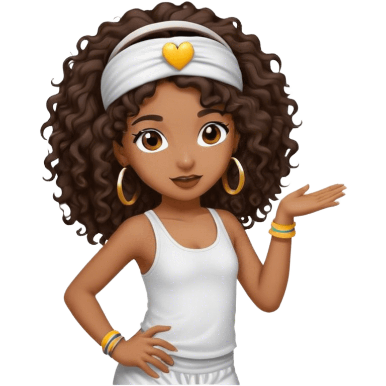 Dancing brown girl with long darn brown curly hair with headband hip hop emoji