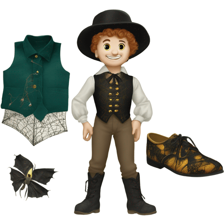 Tom Thumb whimsical fairytale boy shoes and thistledown doublet shirt made of spider web emoji