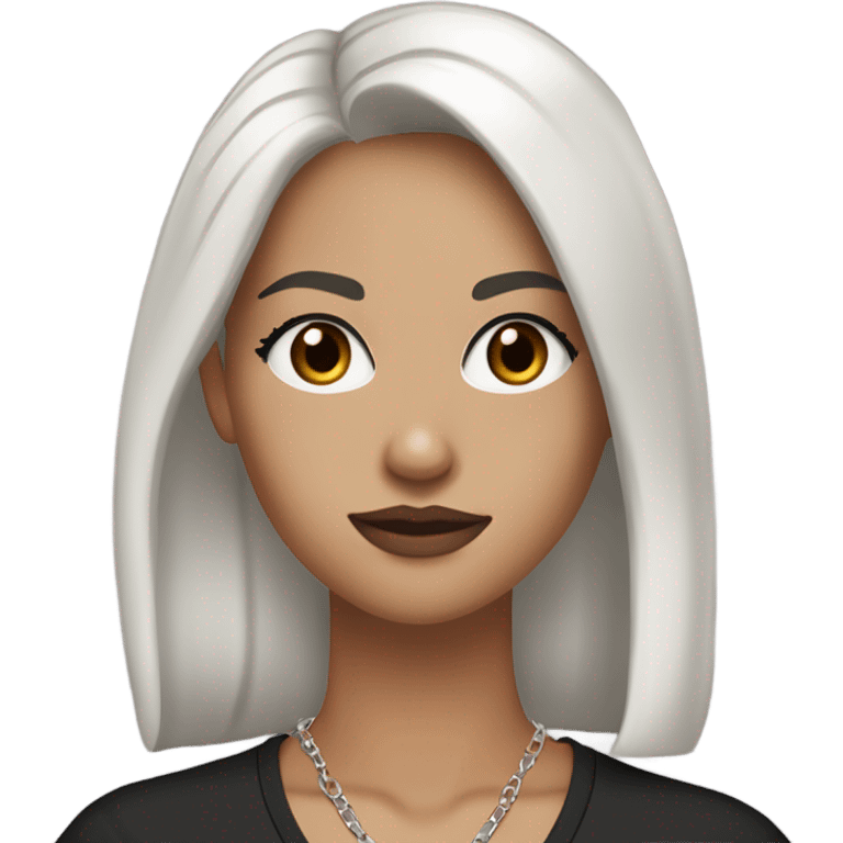 A white girl with a slight tan with a long, black hair, brown eyes, nice eyelashes, brown lip liner on, and she’s wearing a V neck black T-shirt with a silver cross chain and silver hoop earrings ￼ emoji