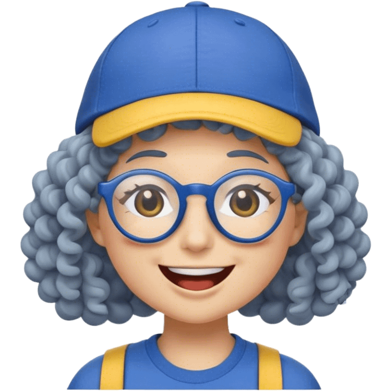 female yellow smiley face emoji, big smile, winking, wearing a blue ballcap backwards, grey curly hair, glasses, no eye color, head only, yellow, simple style, no ornament on hat emoji