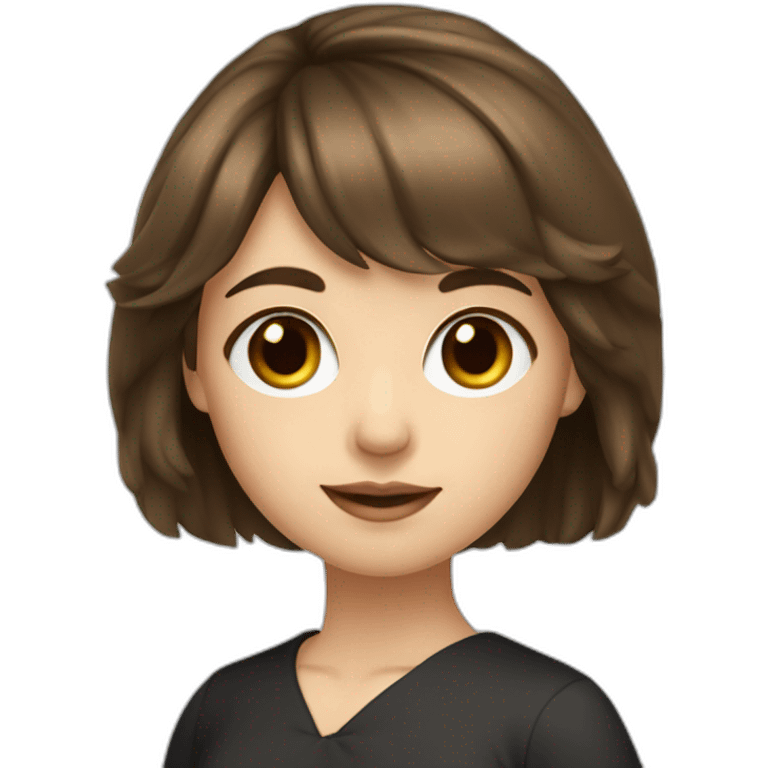 girl middle-length brown hair with bang fair skin brown eye black dress writing coding emoji