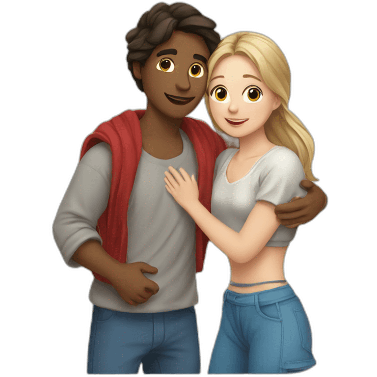 young metis Man and young white woman hug love with beach clothe emoji