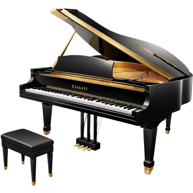 Cinematic Realistic Piano, glossy black grand piano with elegantly curved edges, pristine white and black keys, soft golden light reflecting off its polished surface, faint reflections of a musician’s hands, glowing with refined elegance and musical depth. emoji