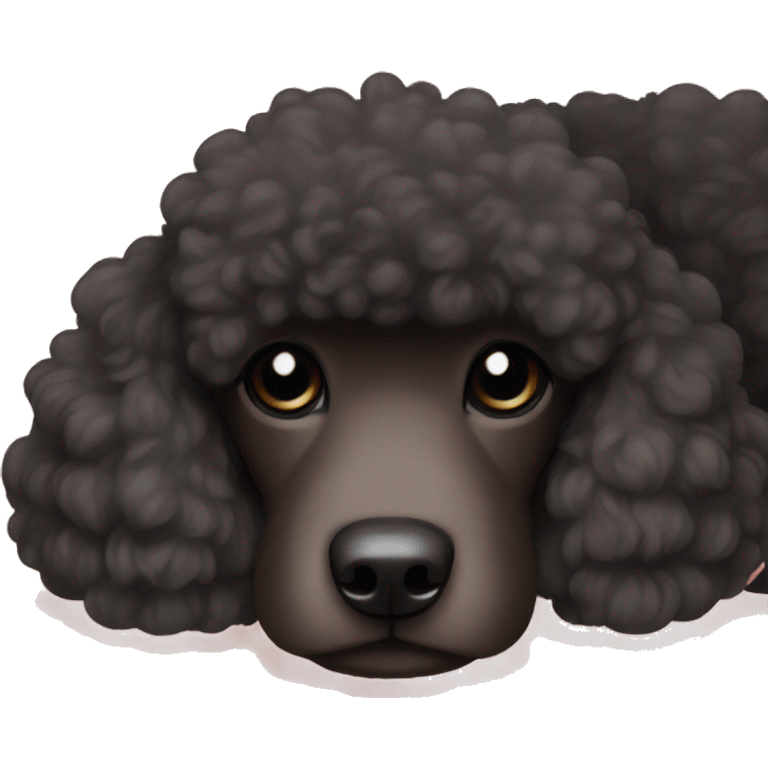 3 legs One Small unshaved Black Poodle with brown harness is  sleeping emoji