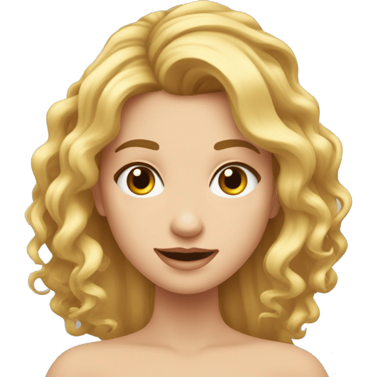 Una chica con el pelo rizado rubia poniendo los dos brazos para la derecha y la cabeza bajada emoji