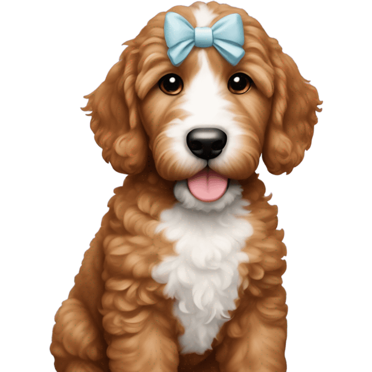 Red goldendoodle puppy white patch on head & bow on head emoji