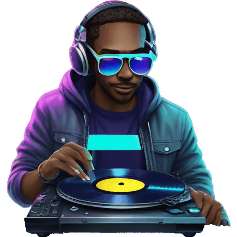 A dj wearing sunglasses playing music holding a cd record record, vinyl, oilslick holographic blacklight inverted graffiti dark dull emoji